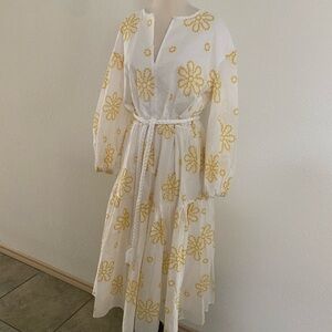 Alexis White Yellow Cottage Core Embroidered Eyelet Midi‎ Dress Women's Large